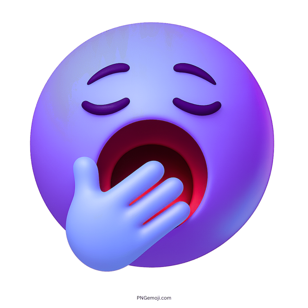 3D purple yawning emoji with sleepy eyes and blue hand covering wide open mouth