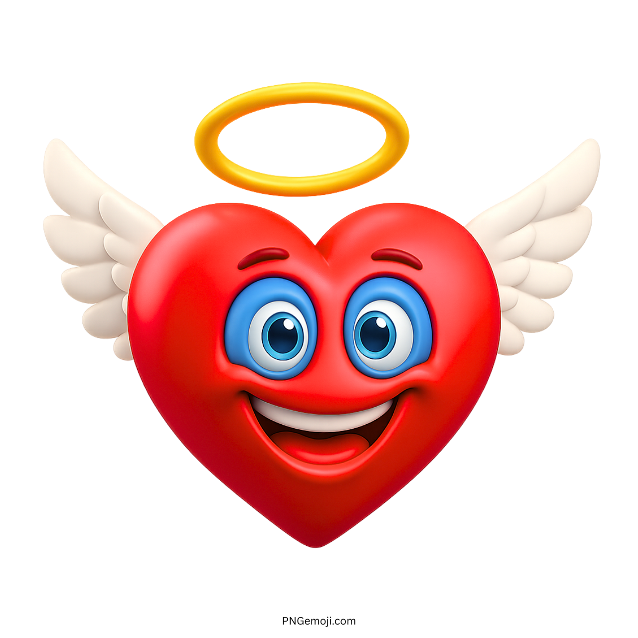 3D red angel heart emoji with white wings, blue eyes, and golden halo