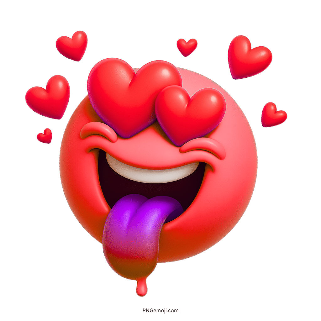 3D red crazy love emoji with heart eyes and a purple tongue sticking out