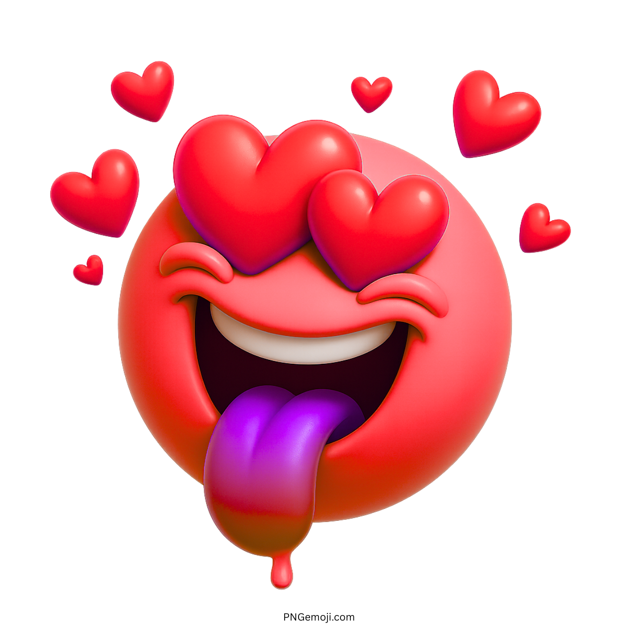 3D red crazy love emoji with heart eyes and a purple tongue sticking out