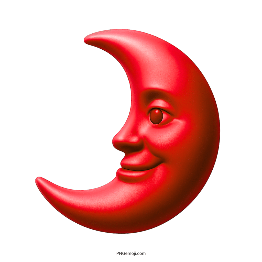 Bright red 3D crescent moon emoji with glossy smiling face and curved design