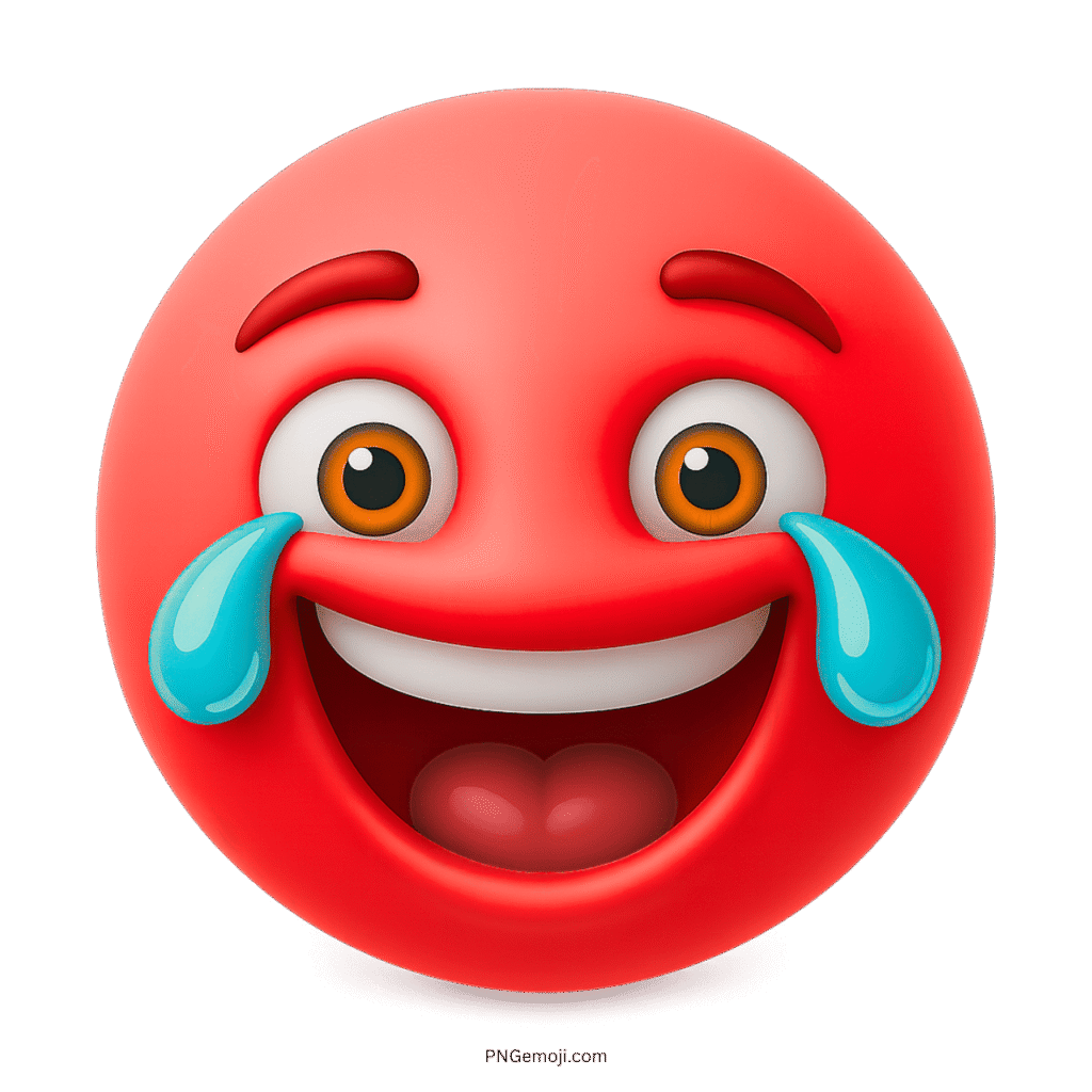 3D red crying laughing emoji with tears and wide smiling mouth transparent
