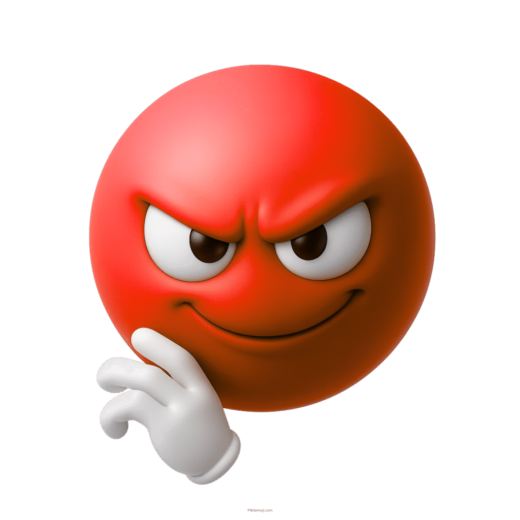 3D red devious emoji with sly grin and scheming eyes on transparent background