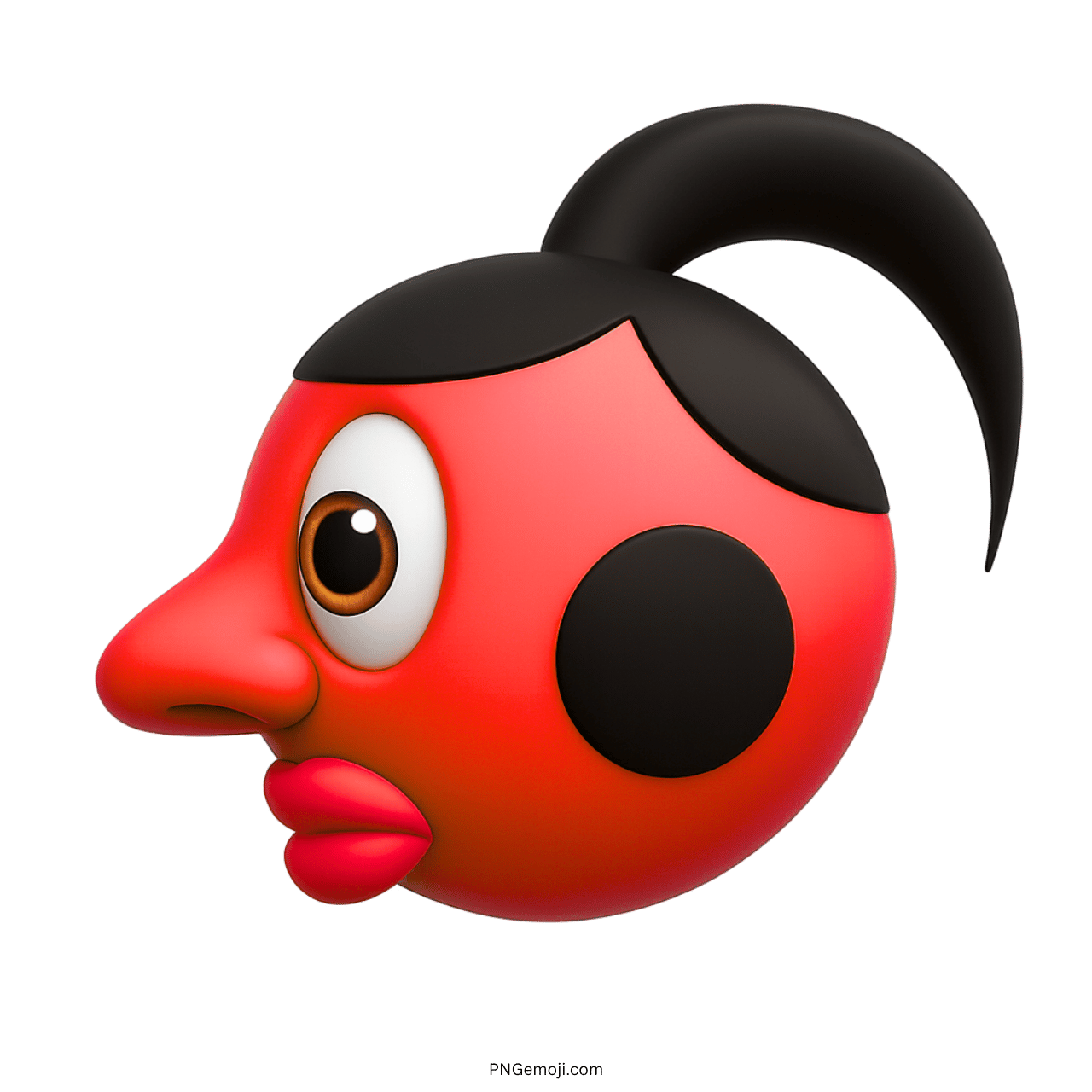3D red emoji face with cartoon eyes, red lips, and black pigmentation spots