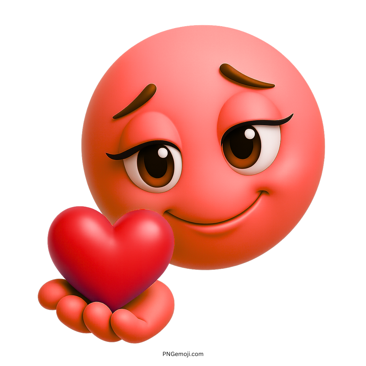 3D red emoji offering a heart with a sweet and affectionate smile