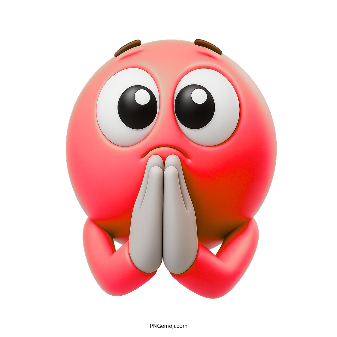 3D red emoji with folded hands and big eyes showing prayer or apology