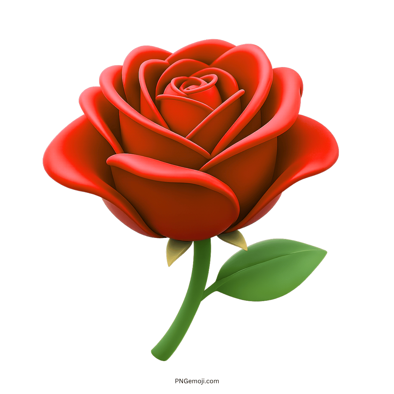 3D red rose flower in full bloom with green leaves