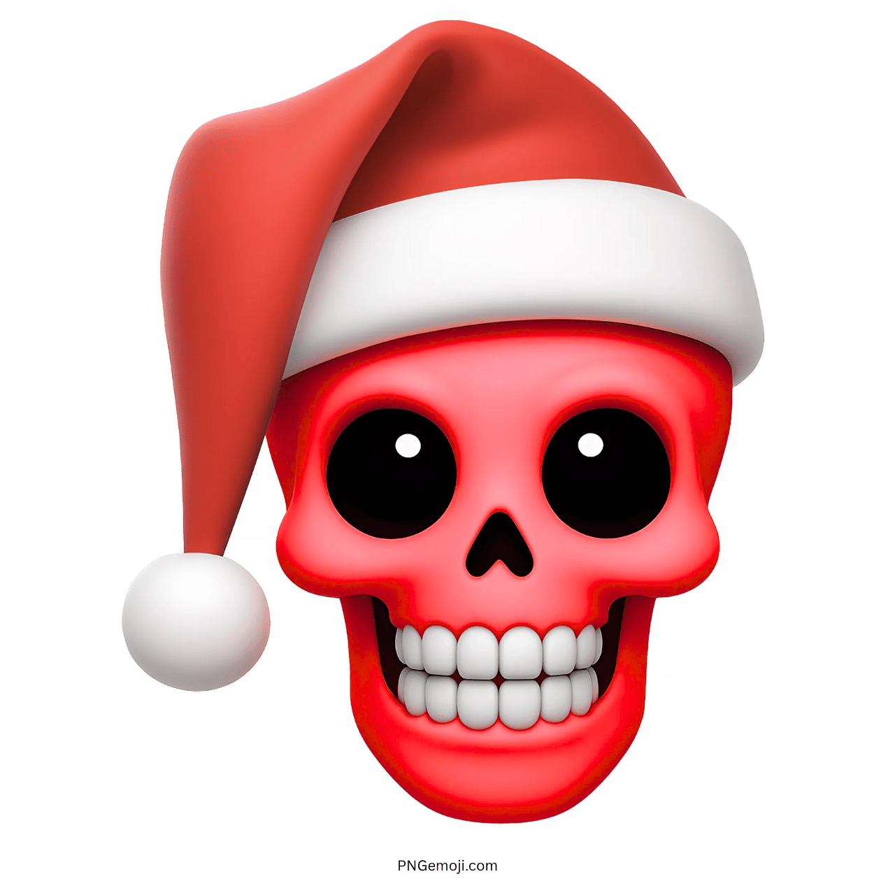 3D red skull emoji wearing Santa hat with big eyes and smiling teeth