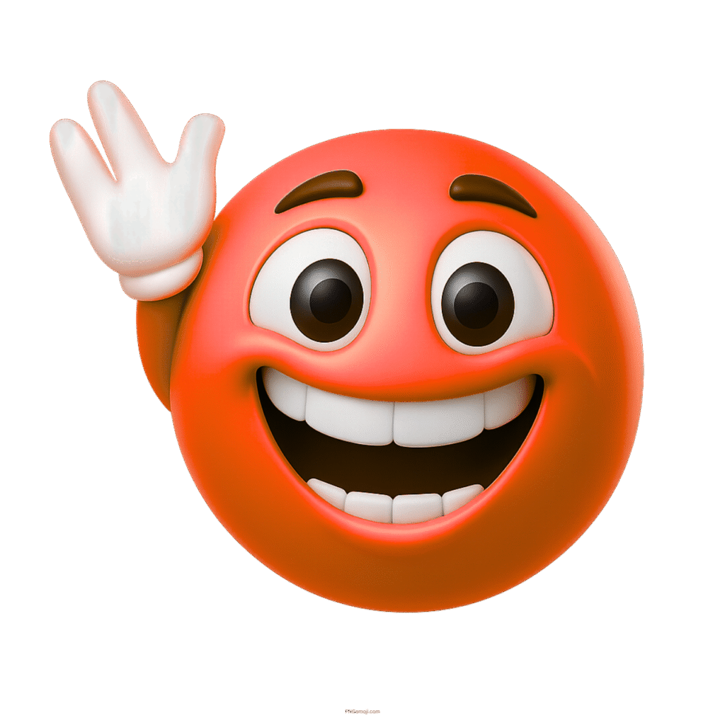 3D red smiling emoji waving hello with joyful face and wide bright eyes