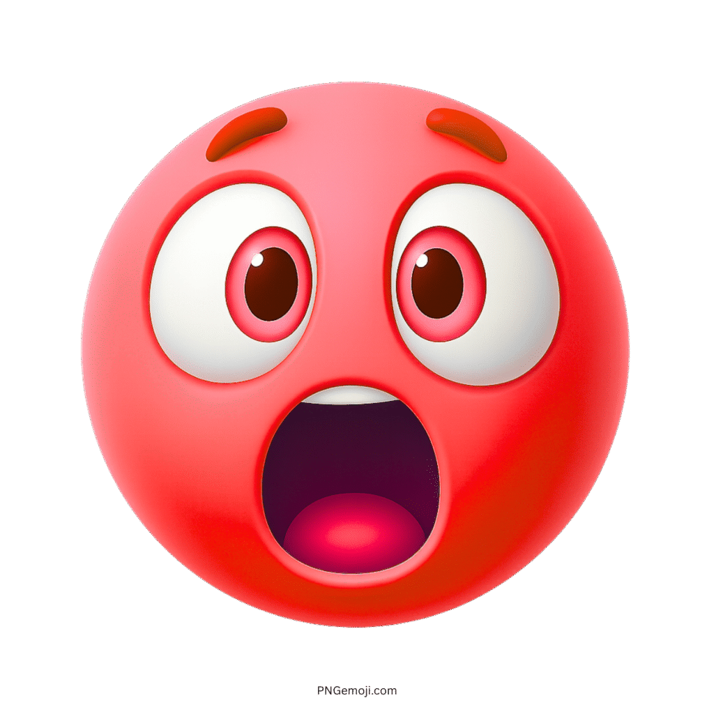3D red shocked emoji with wide open mouth and surprised cartoon eyes