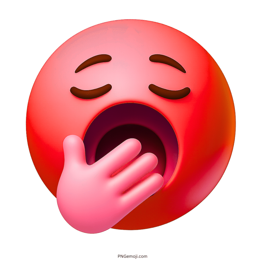 3D red yawning emoji with sleepy eyes and pink hand covering open mouth
