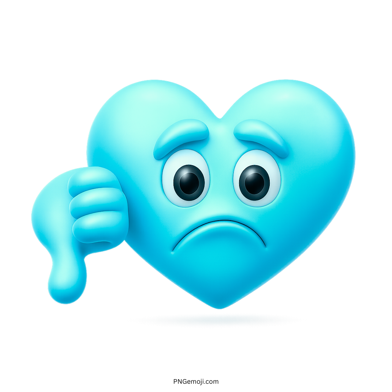 3D cyan heart emoji showing sad face with thumbs down hand gesture