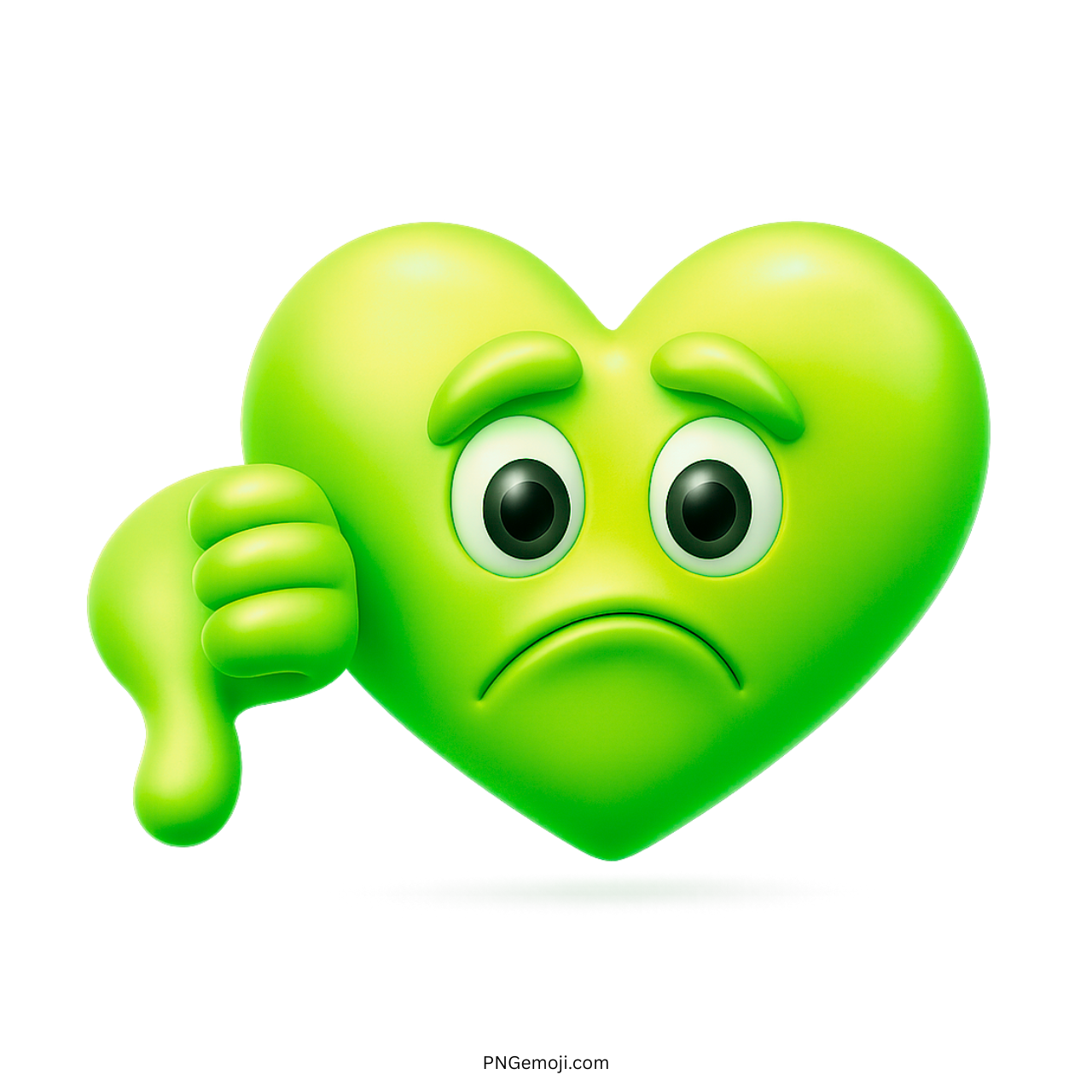 3D green heart emoji showing sad face with thumbs down hand gesture