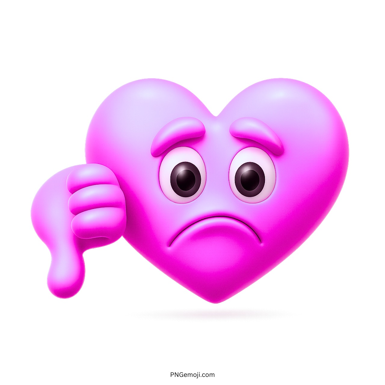 3D pink heart emoji with sad face and thumbs down hand gesture