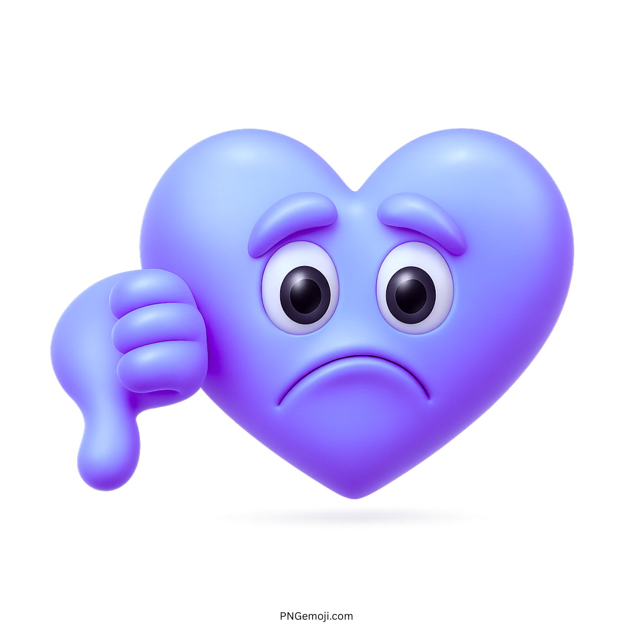 3D purple heart emoji with sad face and thumbs down hand gesture