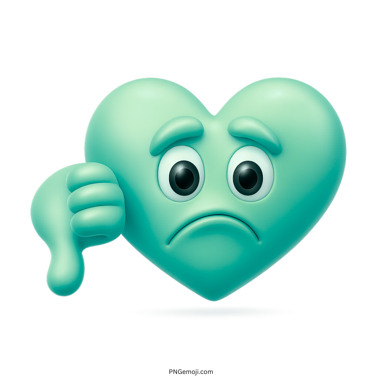 3D teal heart emoji with sad face and thumbs down hand gesture