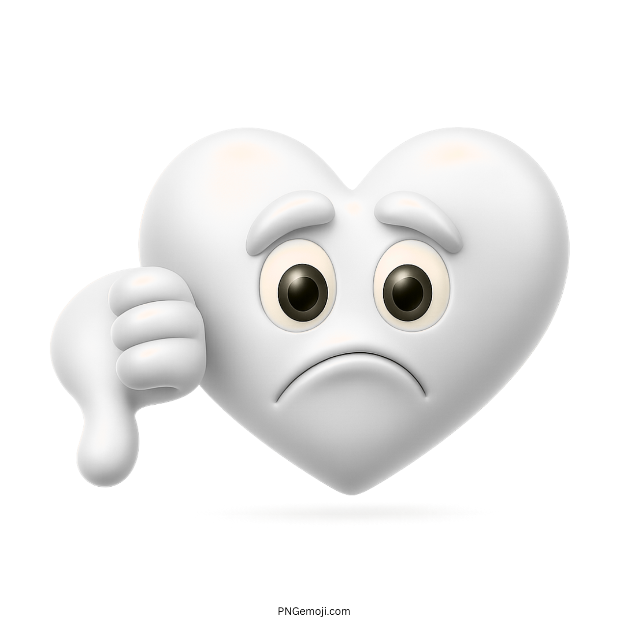 3D white heart emoji with sad face and thumbs down hand gesture