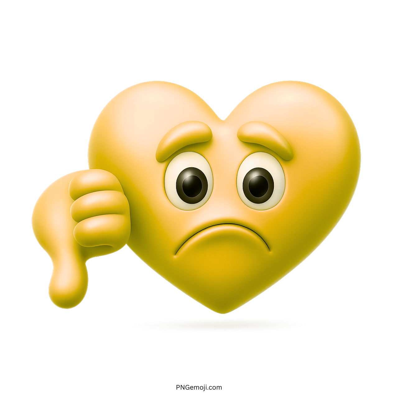 3D yellow heart emoji with sad face and thumbs down hand gesture
