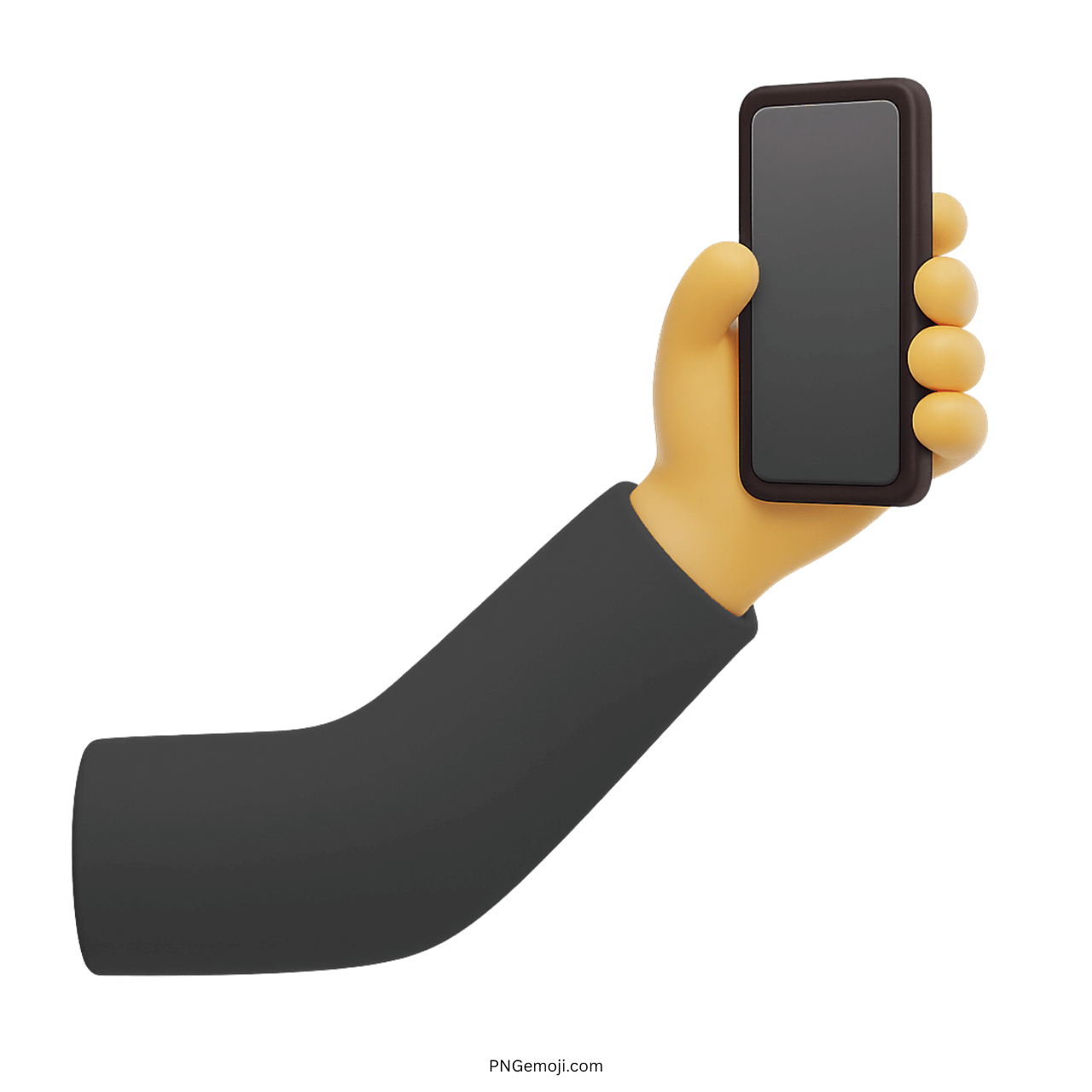 3D selfie emoji hand holding smartphone with black sleeve on transparent background