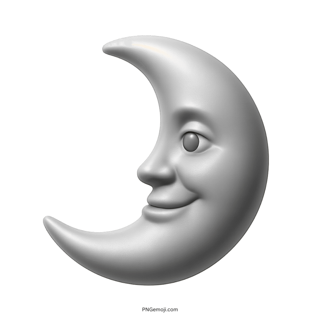 3D silver crescent moon emoji with soft smiling face and transparent background