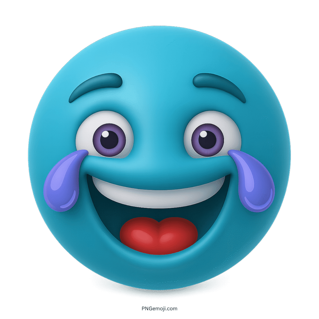 3D sky blue crying laughing emoji with purple tears and wide smile