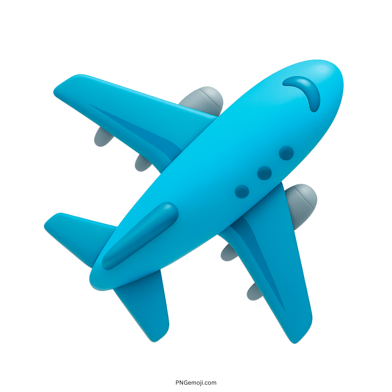3D sky blue airplane emoji with windows, turbines, and cartoon-style diagonal view