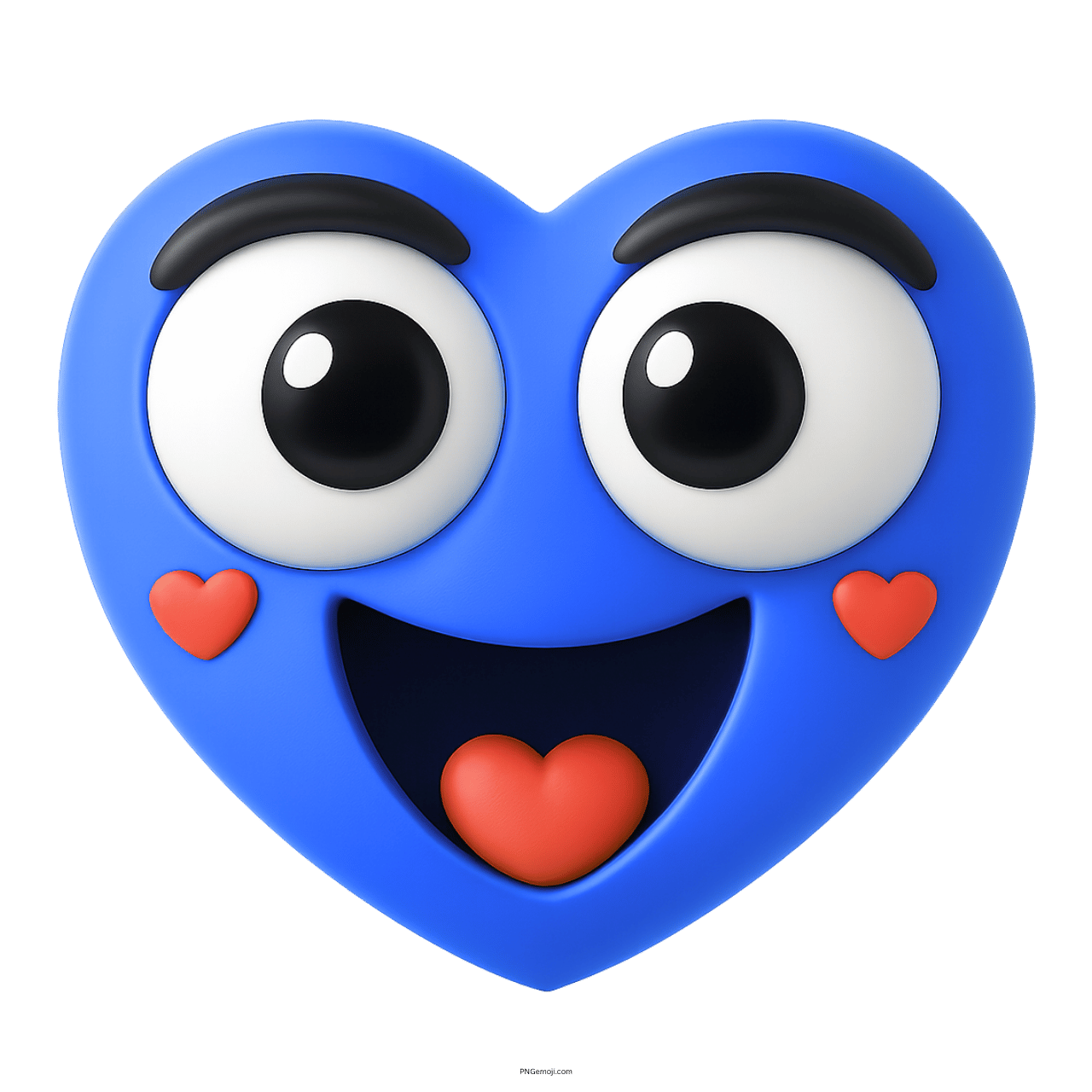 3D smiling blue heart emoji with big eyes and love hearts expression