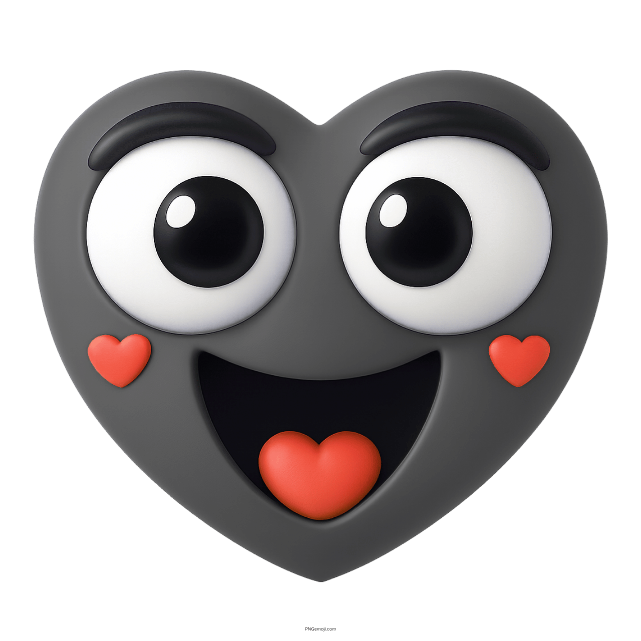 3D smiling gray heart emoji with big eyes and red love hearts expression
