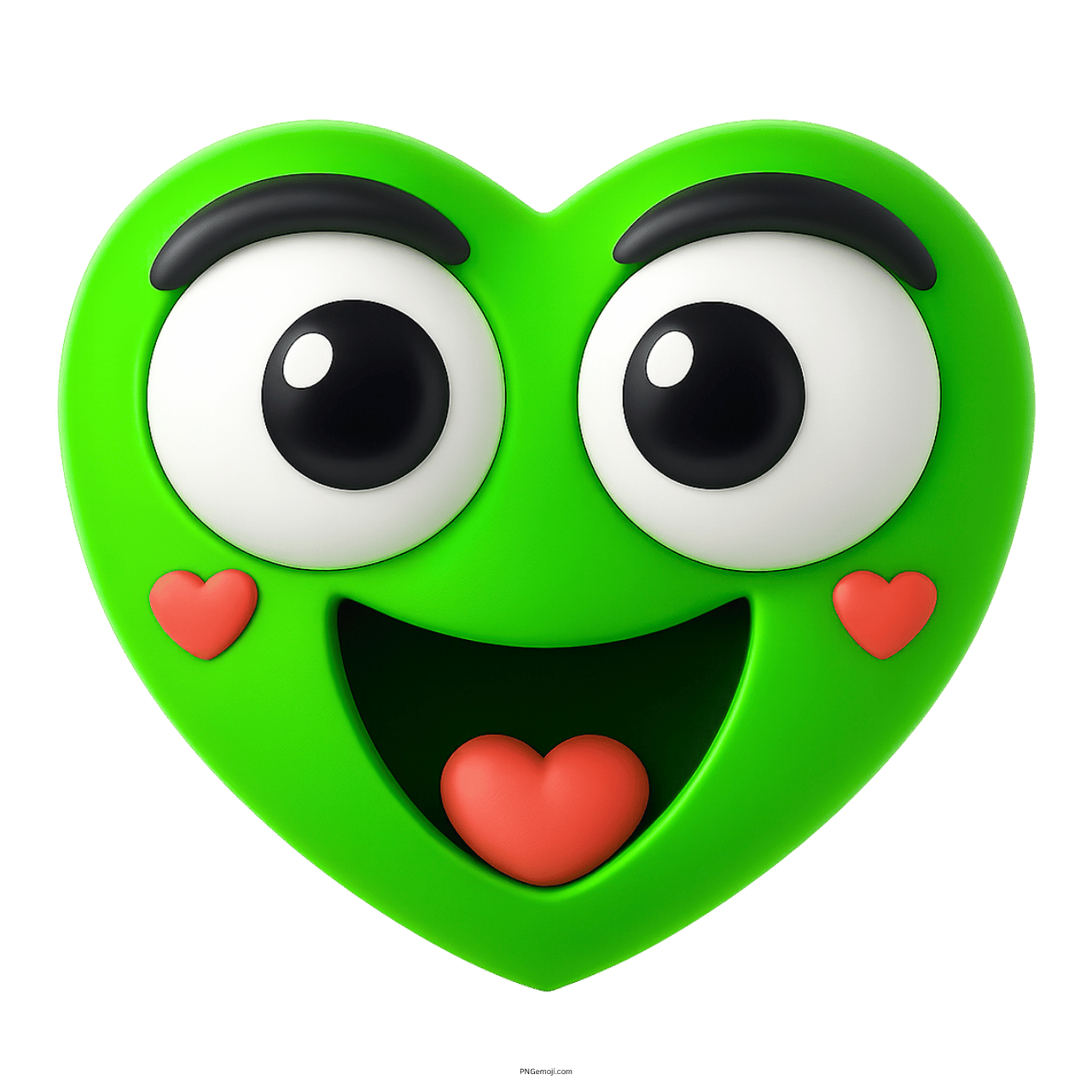 3D smiling green heart emoji with big eyes and red hearts expression