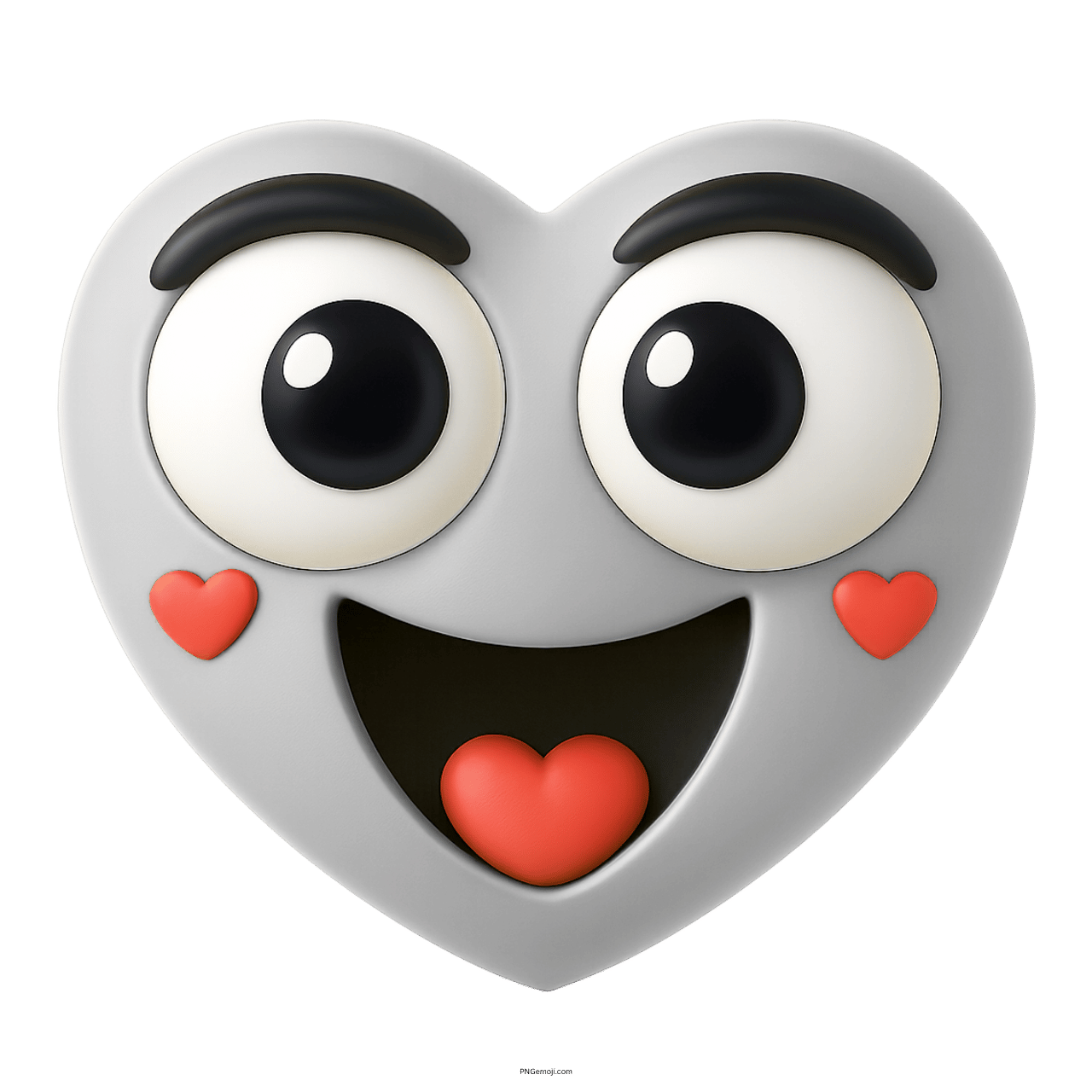 3D smiling light gray heart emoji with big eyes and red hearts expression