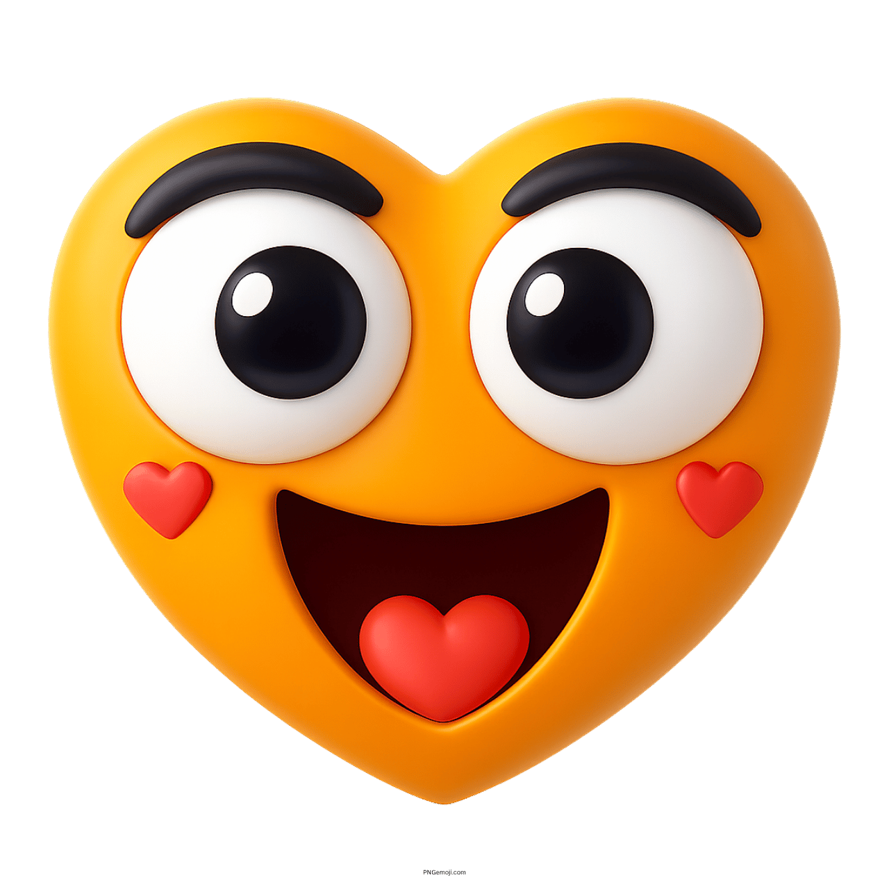 3D smiling yellow-orange heart emoji with big eyes and red hearts expression