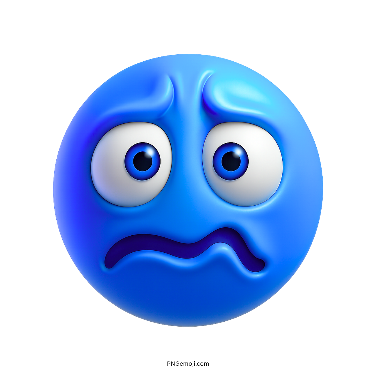 3D blue stressed emoji face with wide eyes and worried curved mouth expression
