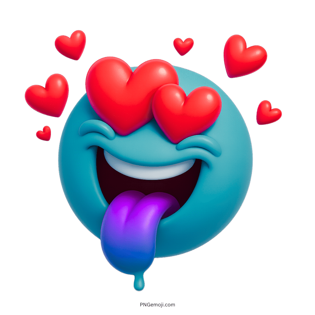 3D teal blue crazy love emoji with red heart eyes and gradient purple tongue