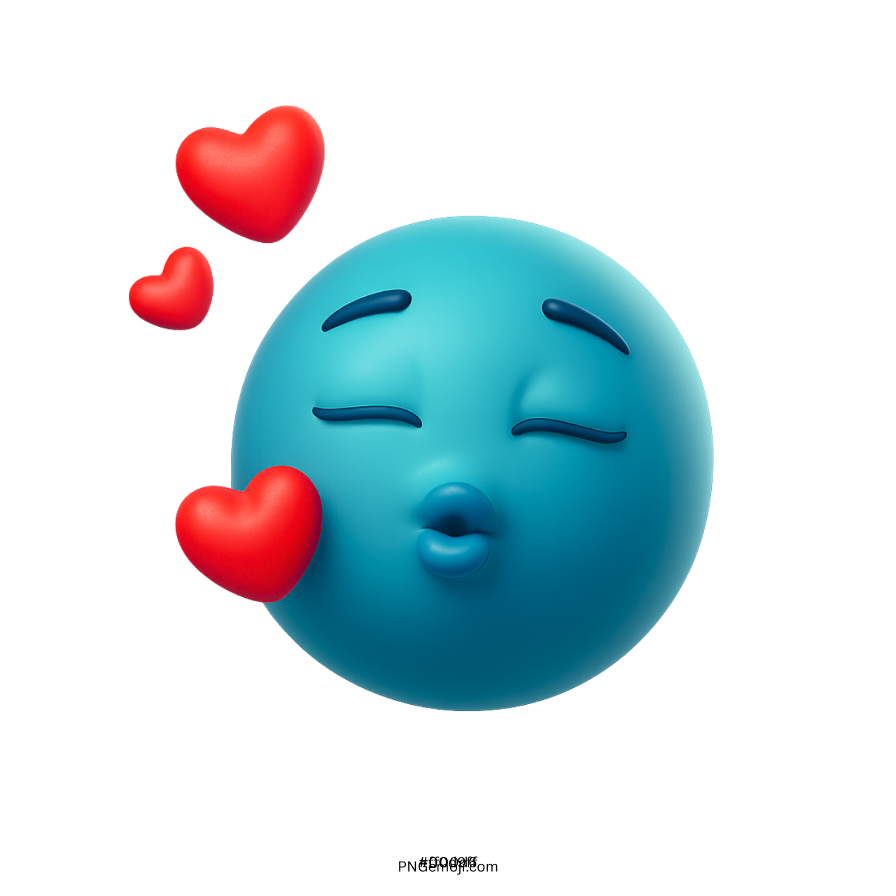 Teal blue 3D kiss emoji with red hearts and peaceful closed-eye expression