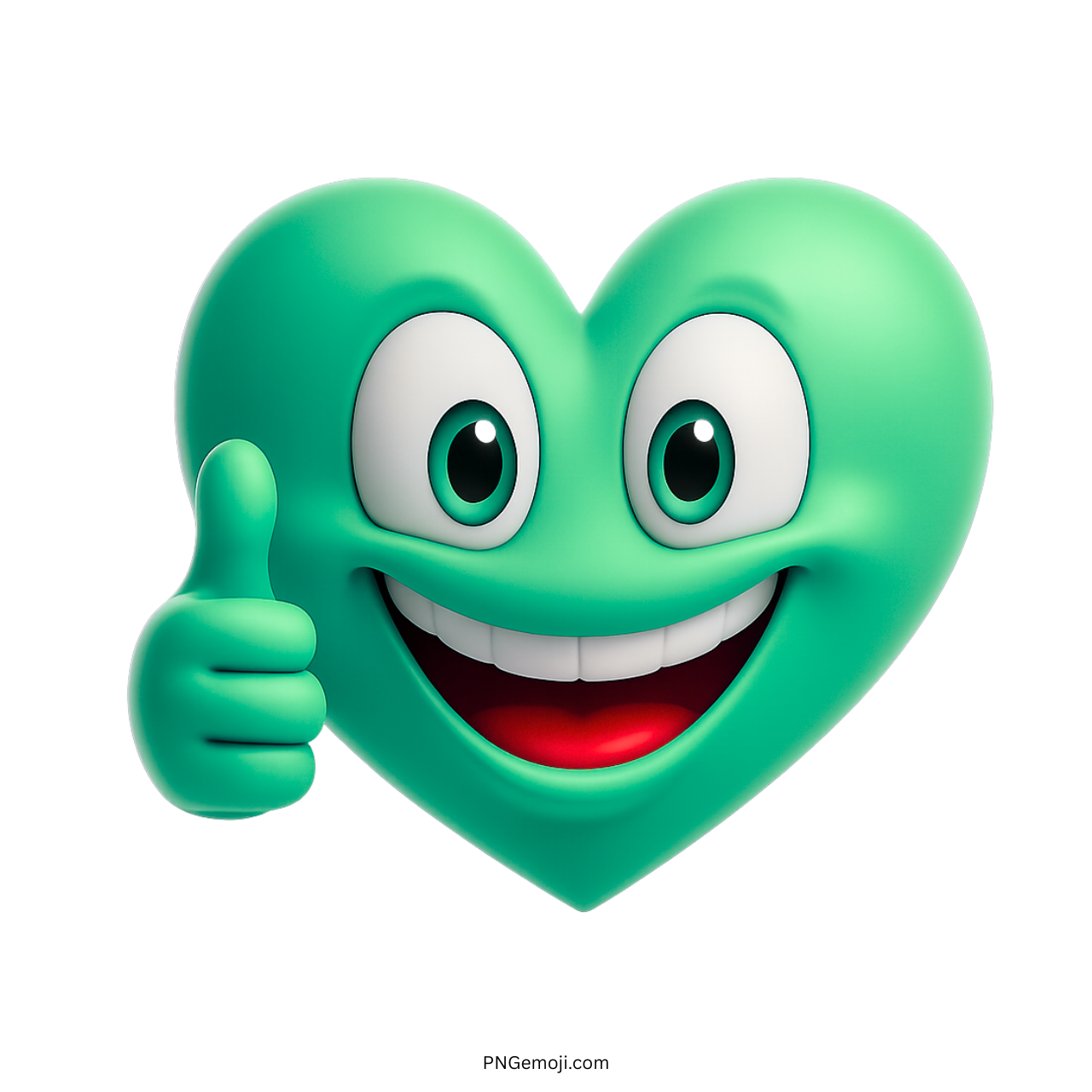 3D teal heart emoji smiling with thumbs-up and expressive cartoon eyes