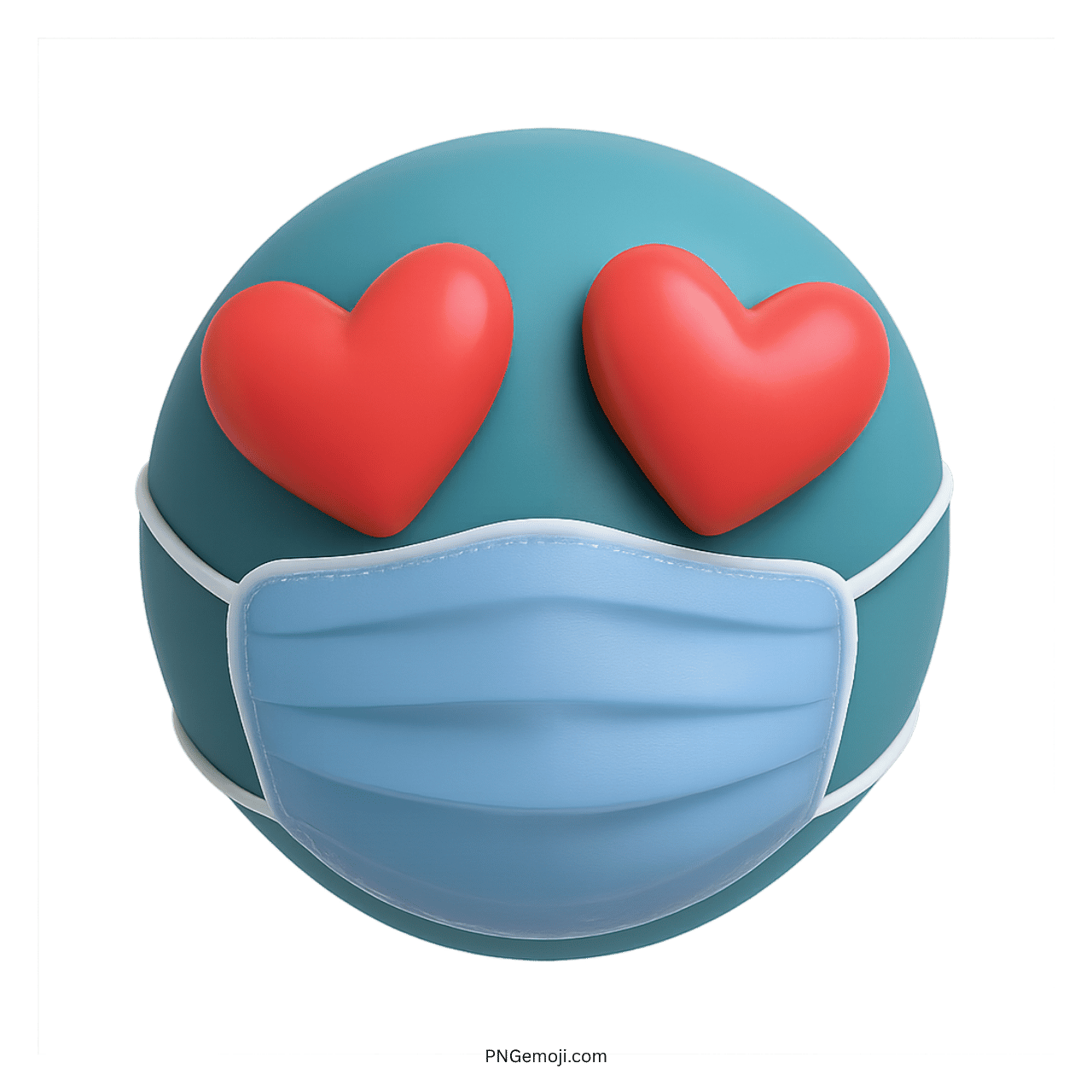 3D teal emoji with red heart eyes wearing a blue protective medical mask