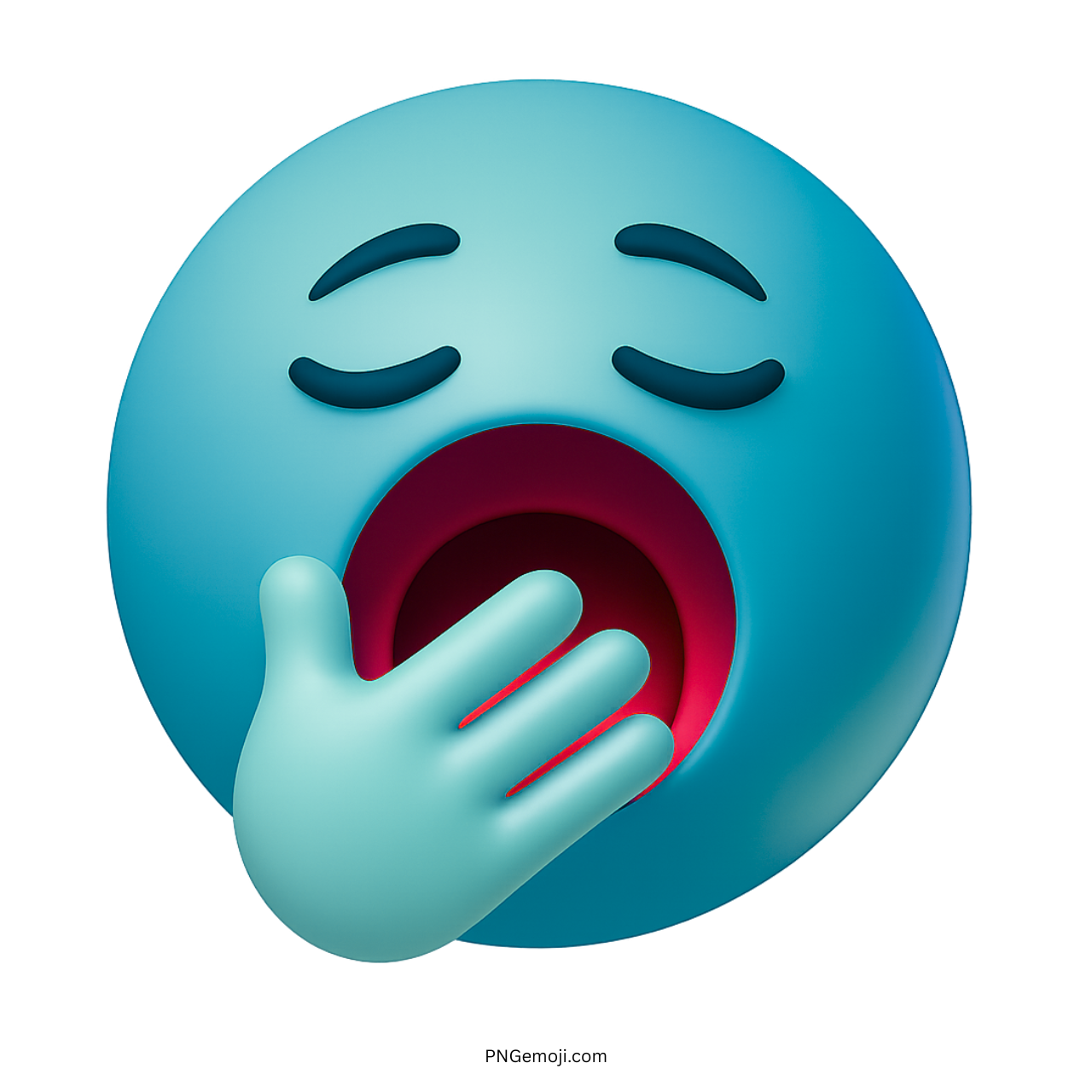 3D teal yawning emoji with closed eyes and hand covering large red open mouth