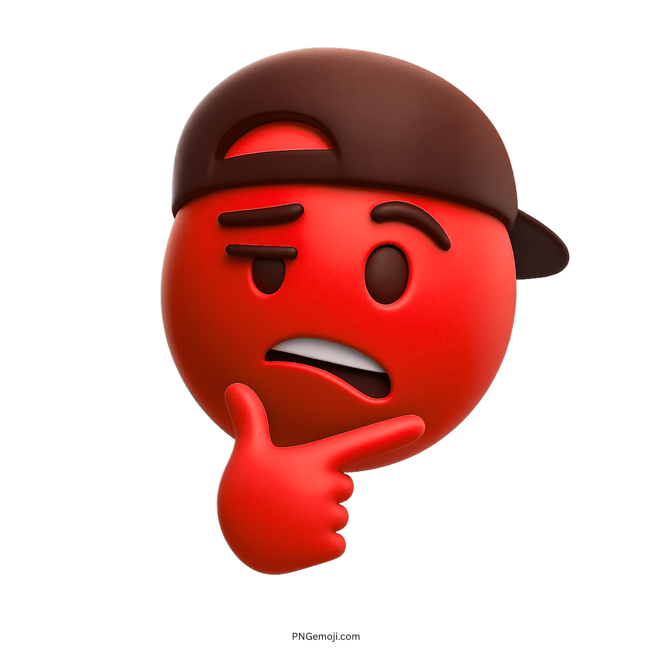 3D red emoji with brown cap showing suspicious thinking expression in PNG format