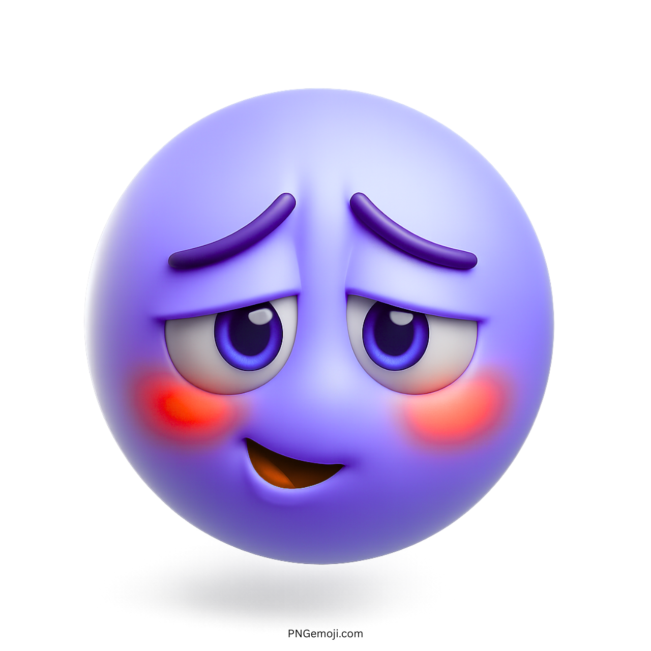 3D violet blushing smiley emoji with purple face, shy eyes, and red cheeks