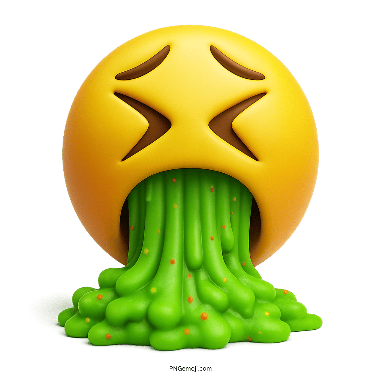 3D vomit face emoji with green slime and disgusted expression on transparent background