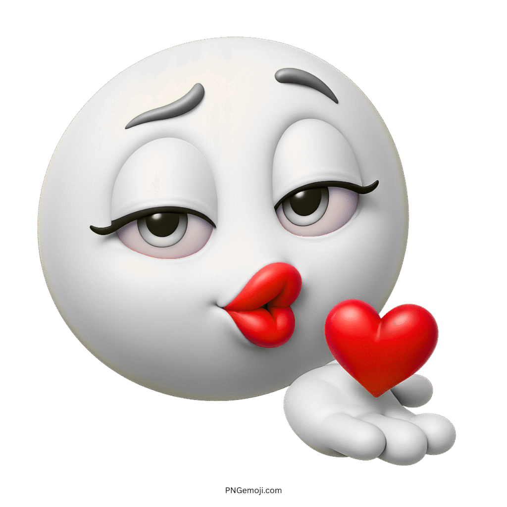 3D white emoji blowing red heart kiss with romantic expression on transparent background