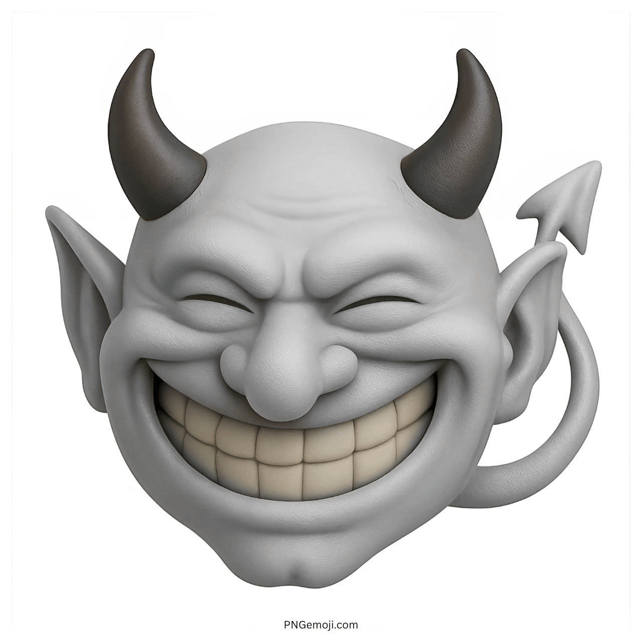 3D white devil troll emoji with wide grin, black horns, and curved tail