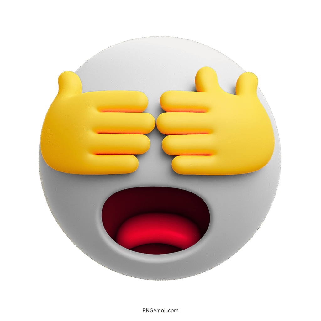 3D white emoji covering eyes with yellow hands expressing awkward or shocking reaction