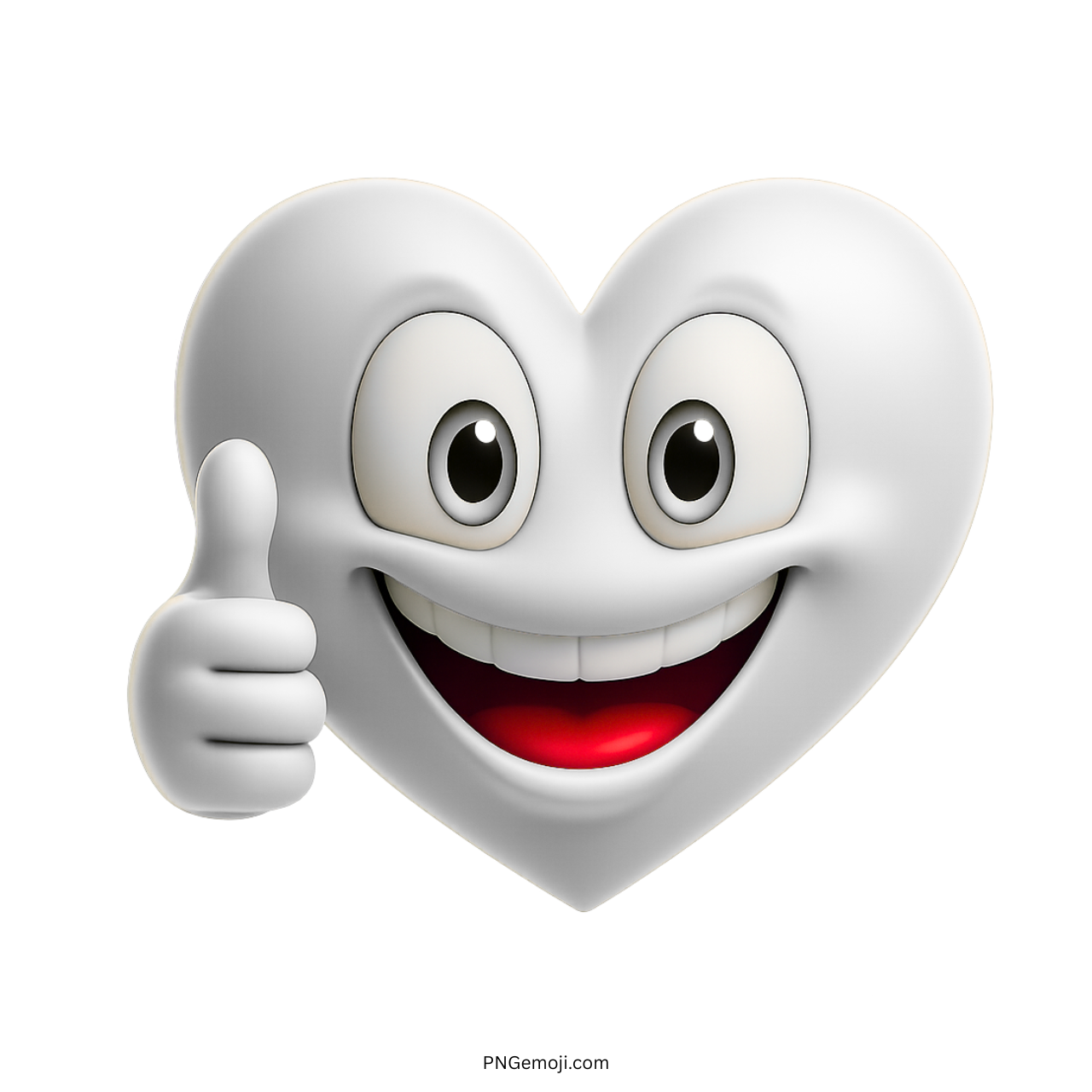3D white heart emoji with thumbs up and bright smiling cartoon face