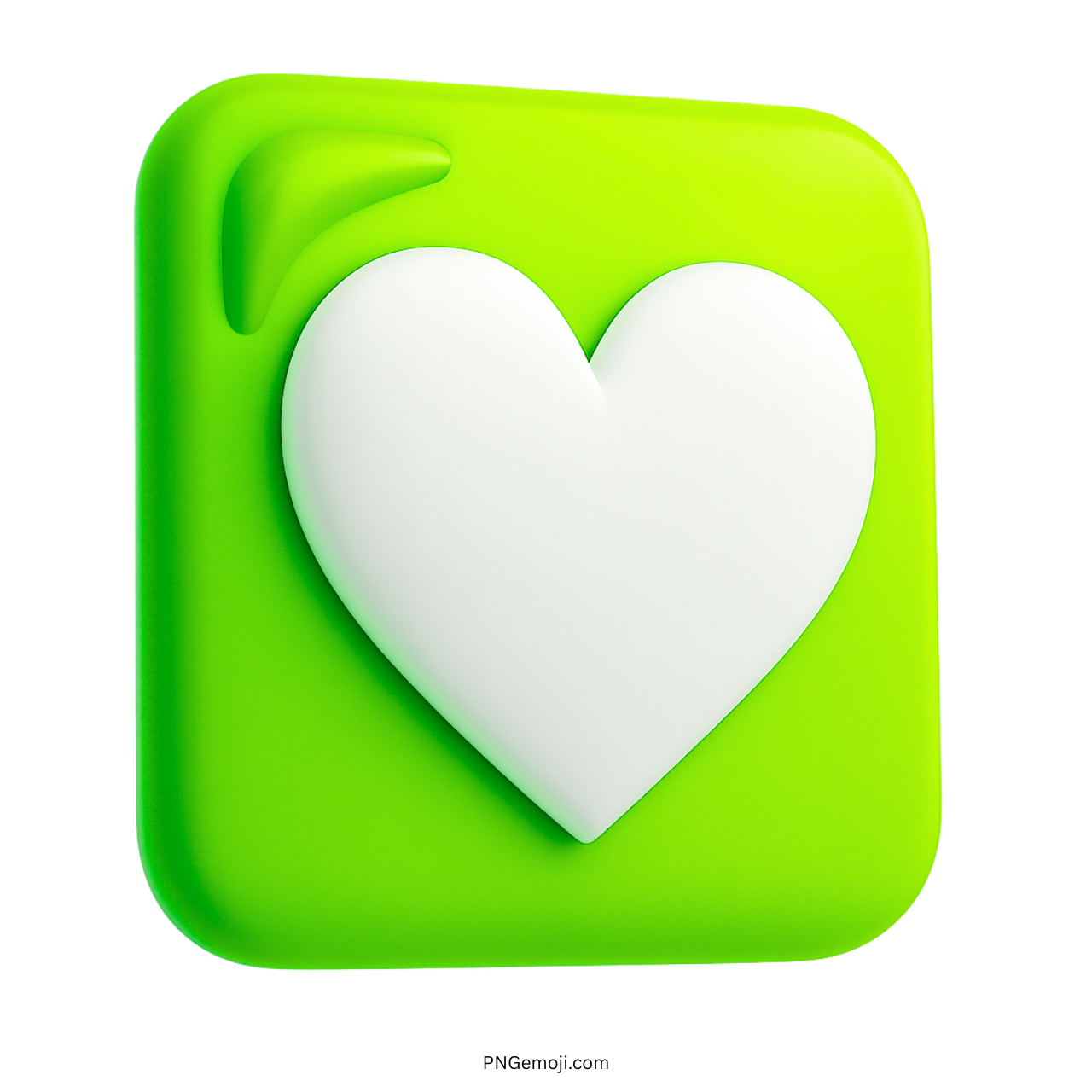 3D white heart emoji on bright green square background symbolizing care, growth, and love