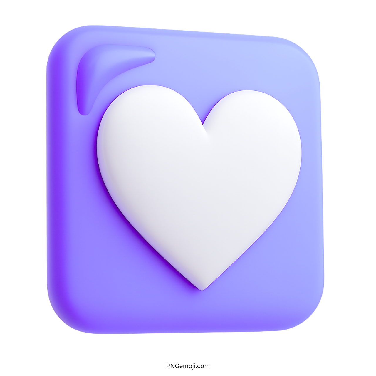 3D white heart symbol on purple square background with soft rounded design