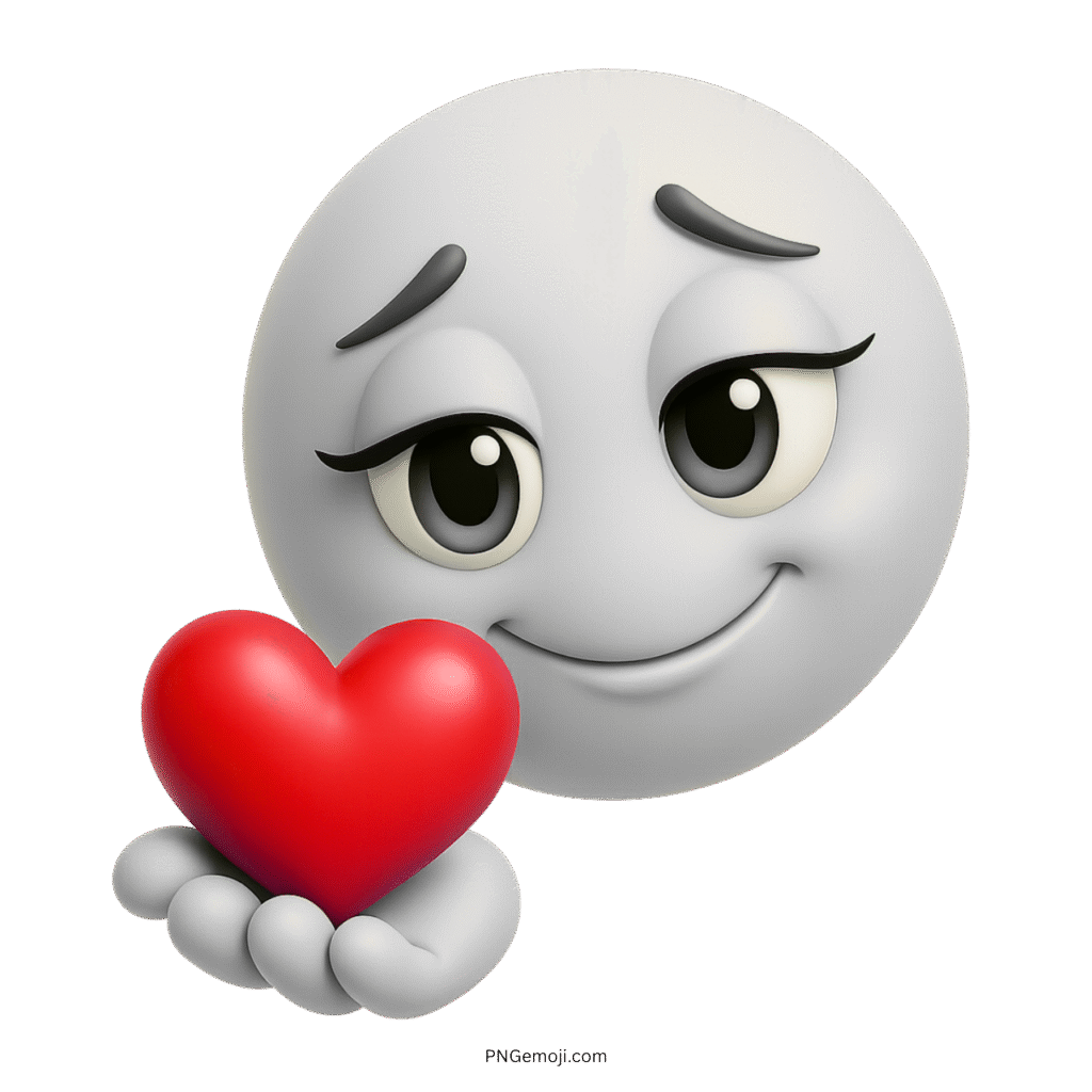 3D white emoji with soft eyes offering a bright red love heart
