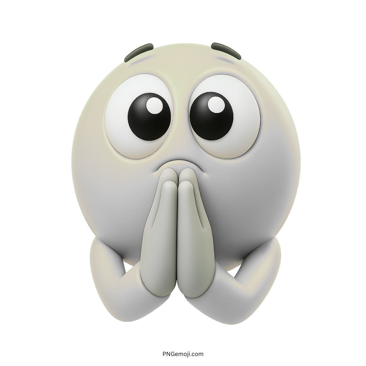3D white emoji with big eyes and folded hands in a praying pose