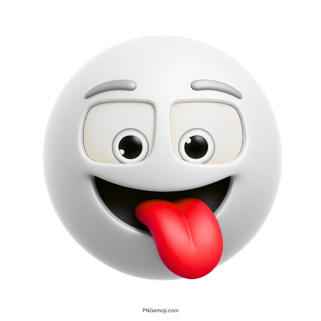 3D white smiley face emoji with tongue out and playful cartoon expression