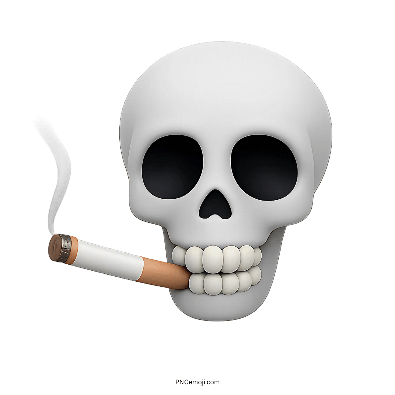 3D white skull emoji smoking a cigarette with black eyes and realistic teeth